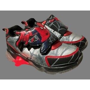 Marvel Spiderman Shoes Boys Size 12 Light Up Hook Loop Black Red